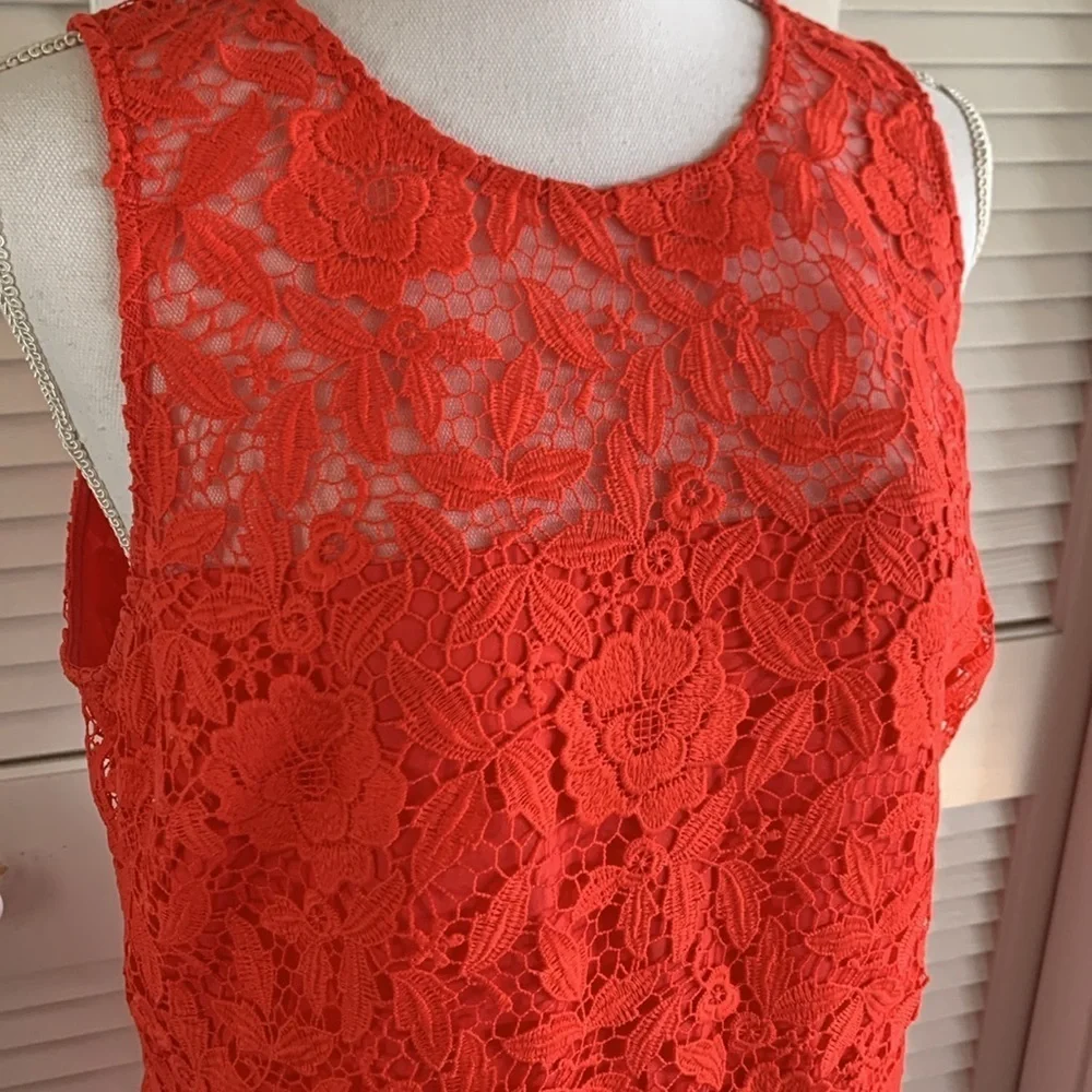 J. Crew Women’s Coral Sleeveless Sheath Midi Dress Floral Pattern Lace Size 14